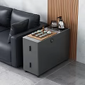 Elegant Modern Grey Side Cabinet With Tea Set Tray And Teapot Near Leather Sofa