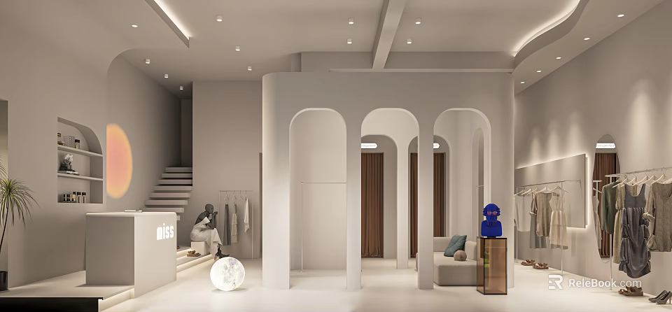 Minimalist Modern Clothing Store Interior Design With Arched Doorways Open Layout And Clothing Racks 3d model 