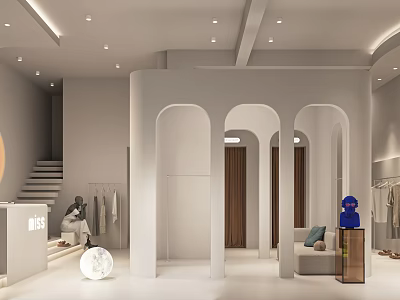 Minimalist Modern Clothing Store Interior Design With Arched Doorways Open Layout And Clothing Racks 3d model