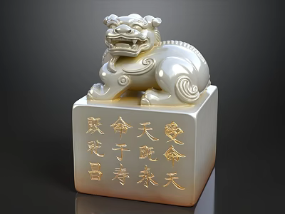 Jade Lion Statue Seal With Gold Chinese Characters On Square Base 3d model