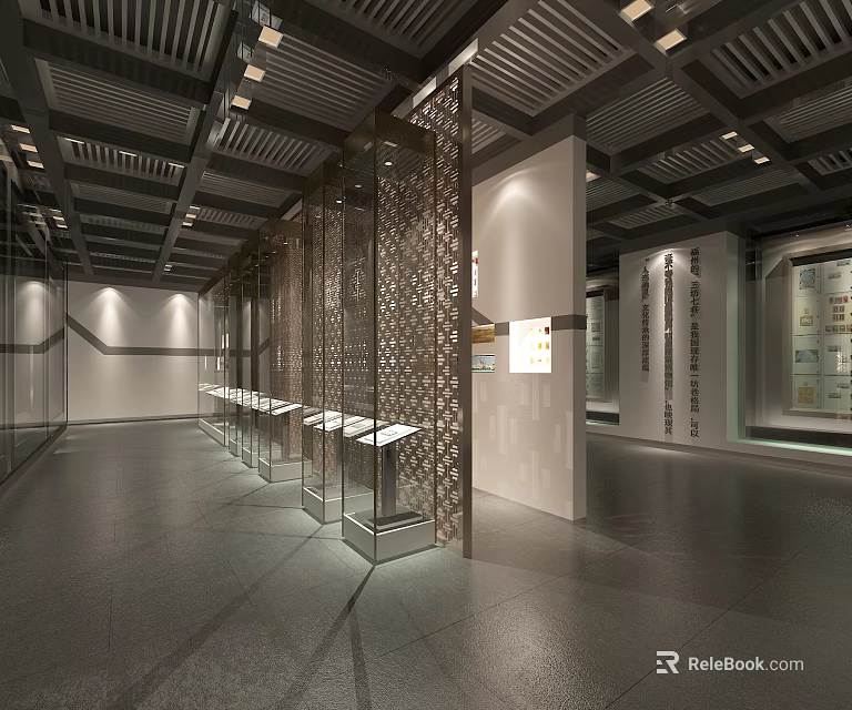 Cultural Center Interior Design Featuring Spacious Area Perforated Screens Display Cases and Exhibits 3d model 