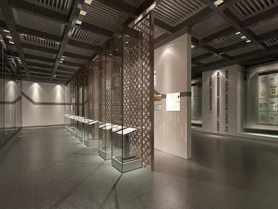Cultural Center Interior Design Featuring Spacious Area Perforated Screens Display Cases and Exhibits 3d model