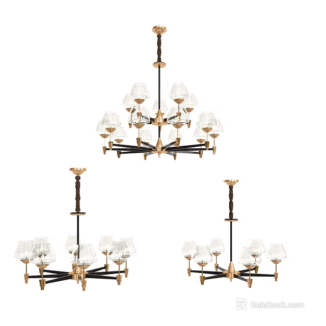 Elegant Classic Chandelier With Brass Frame Clear Glass Shades Multi Arm Pendant Lighting 3d model 