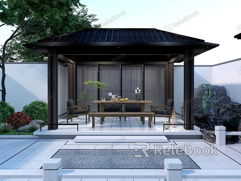 New Chinese-style Courtyard Courtyard Tea Room Space Outdoor Leisure Dining Table and Chair Tea Table Courtyard Plant rockery Water System model