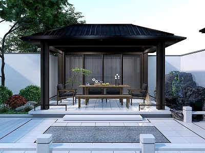 New Chinese-style Courtyard Tea Room Space Outdoor Leisure Dining Table and Chair Tea Table Courtyard Plant rockery Water System model