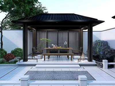 New Chinese-style Courtyard Tea Room Space Outdoor Leisure Dining Table and Chair Tea Table Courtyard Plant rockery Water System 3d model