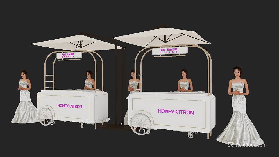 HONEY CITRON Photo Check in Spot With White Food Carts Golden Frames Umbrellas And Women In White Dresses 3d model 