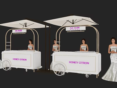 HONEY CITRON Photo Check in Spot With White Food Carts Golden Frames Umbrellas And Women In White Dresses 3d model