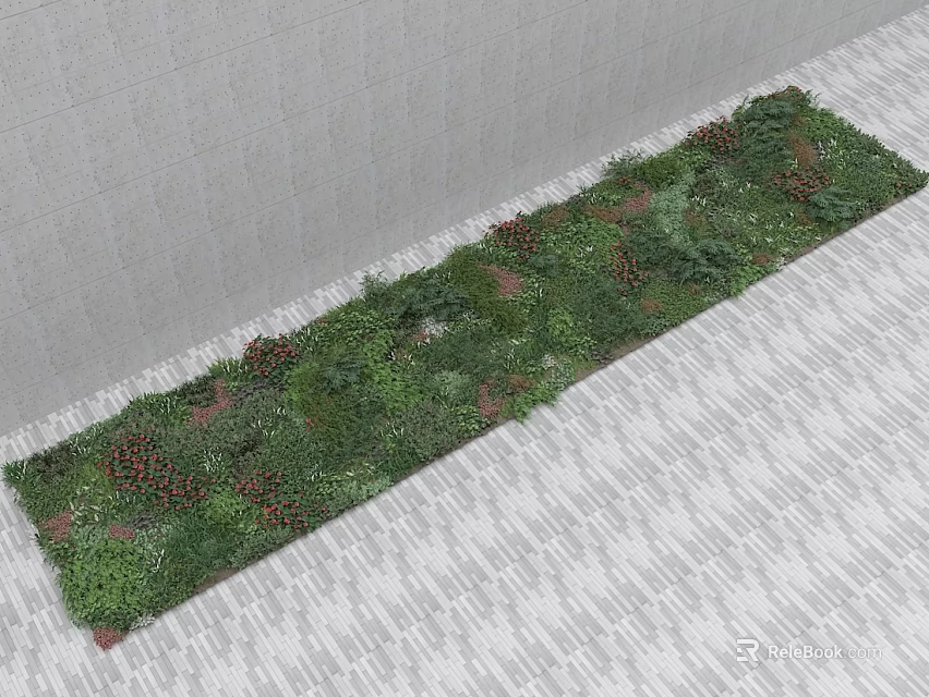 Lush Green Plant Wall With Diverse Foliage Against Grey Wall And Textured Floor 3d model 