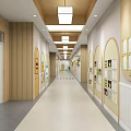 Elevator Corridor Interior With Wooden Decor Circular Windows Wall Decorations Green Plant And Light-Colored Flooring