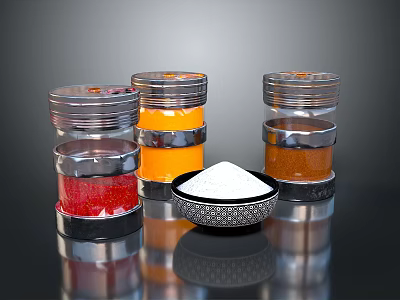 Glass Spice Jars With Metal Lids Containing Red Orange Brown Spices And White Powder Bowl 3d model
