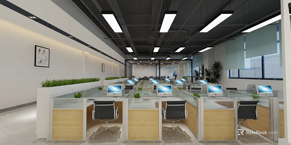 Modern Public Office Area with Cubicles Computers Green Plants and Ceiling Lighting 3d model
