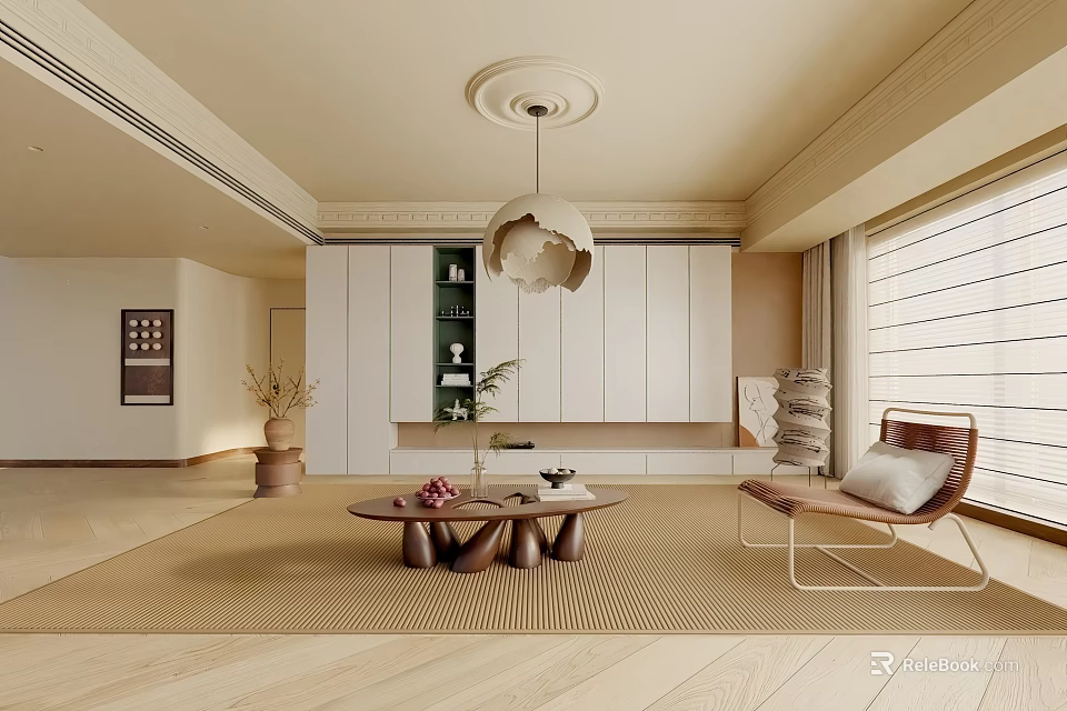 Modern Beige Living Room With Ceiling Decor Pendant Light White Cabinets Coffee Table And Chair 3d model 