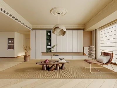 Modern Beige Living Room With Ceiling Decor Pendant Light White Cabinets Coffee Table And Chair 3d model
