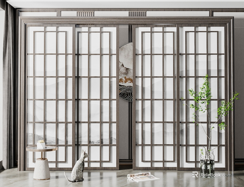Contemporary Sliding Doors with Grid Glass Panels and Wooden Frames for Interior Decoration 3d model 