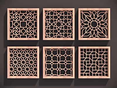 Wooden Lattice Windows Design Collection With Six Various Decorative Carved Patterns 3d model