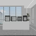 Modern Kitchen With White Countertop Four Black Kitchen Appliances Blinds Green Plant And City View