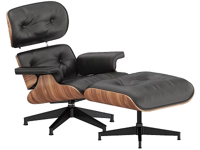 Modern Black Leather Lounge Chair with Wooden Arms Ottoman and Metal Base 3d model