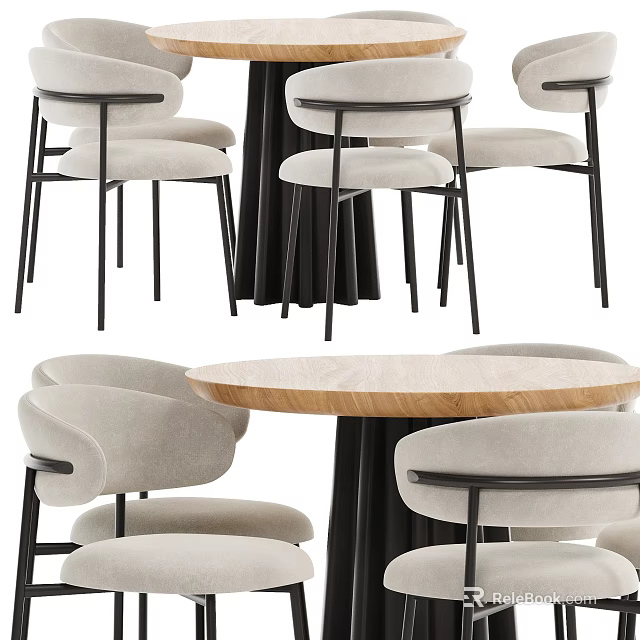 Modern Round Dining Table Set With Upholstered Chairs And Metal Legs 3d model 