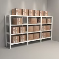 White Tiered Storage Rack With Labeled Cardboard Boxes In Indoor Storage Space 3d model