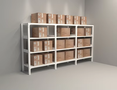 White Tiered Storage Rack With Labeled Cardboard Boxes In Indoor Storage Space 3d model