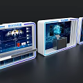 Modern Exhibition Island With Multiple Digital Screens And Data Displays 3d model