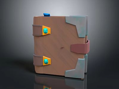 3D Model Wooden Decorative Box With Brown Straps Metal Corners And Blue Gems 3d model