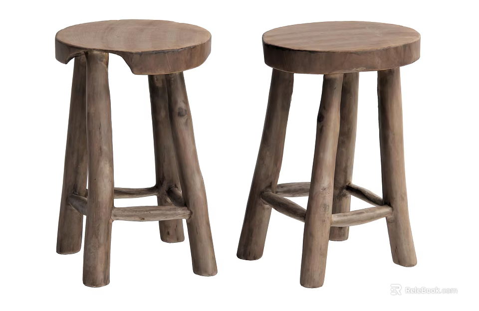 Rustic Wooden Stools with Round Seats Four Legs and Natural Wood Tone Design 3d model 