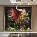 Hotel Lobby Interior With Red Backdrop Lattice Screens Bonsai Tree And Rockery