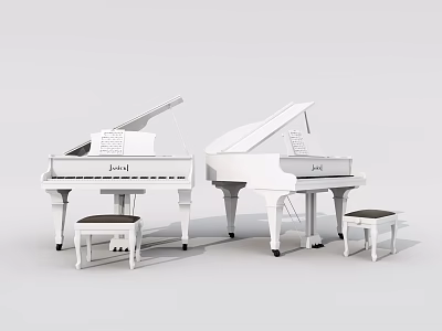Two White Grand Pianos With Matching Stools Elegant Musical Instruments 3d model