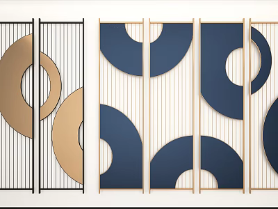 Modern Decorative Partition Screens With Geometric Circle Patterns And Gold Blue Frames 3d model