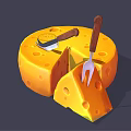 Delicious Yellow Cheese Wheel with Knife Fork and Sliced Piece on Dark Background