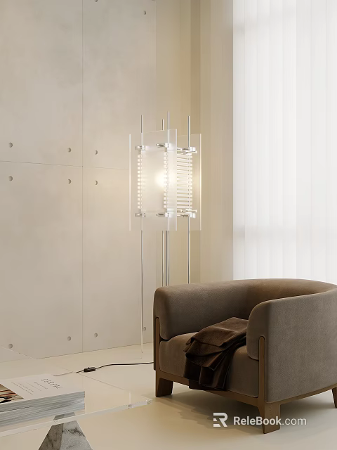 Modern Transparent Floor Lamp With Gray Armchair In Minimalist Interior 3d model 