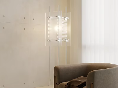 Modern Transparent Floor Lamp With Gray Armchair In Minimalist Interior 3d model