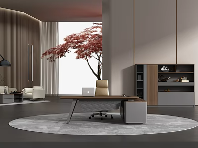 Modern Office Space With Wooden Desk Leather Chair Laptop And Red Maple Tree View 3d model