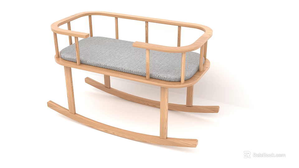 Simple Wooden Rocking Chair With Grey Cushion And Armrests Design 3d model 