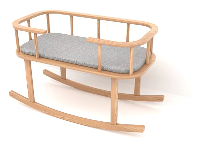 Simple Wooden Rocking Chair With Grey Cushion And Armrests Design 3d model