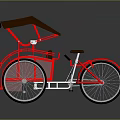 Red Rickshaw With Brown Canopy White Seat And Red Frame Structure
