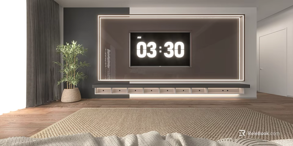 Modern TV Wall Design with LED Strip Lighting TV Stand and Green Plant 3d model 
