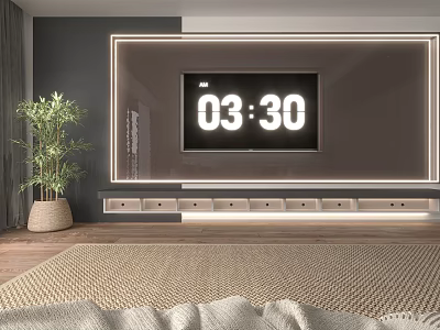Modern TV Wall Design with LED Strip Lighting TV Stand and Green Plant 3d model