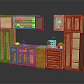 Wooden Kitchen Cabinets With Open Doors Sink Coffee Maker And Fruits On Countertop
