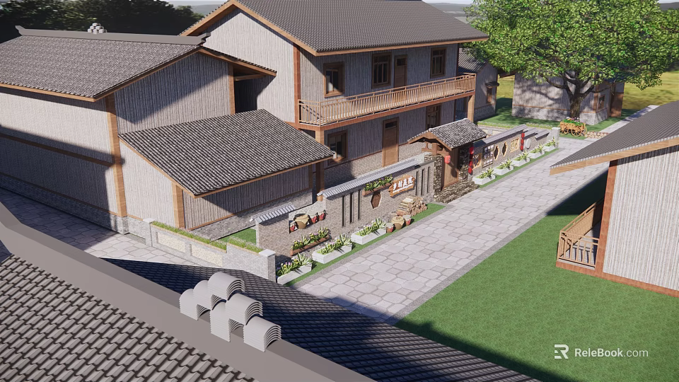 Rural Self Built House With Traditional Tiled Roof Courtyard And Stone Path 3d model 