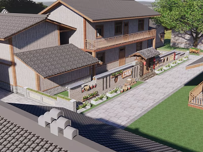 Rural Self Built House With Traditional Tiled Roof Courtyard And Stone Path 3d model