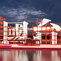 Red Scaffolding Structure With White Characters On Platform And Water Reflection At Dusk 3d model