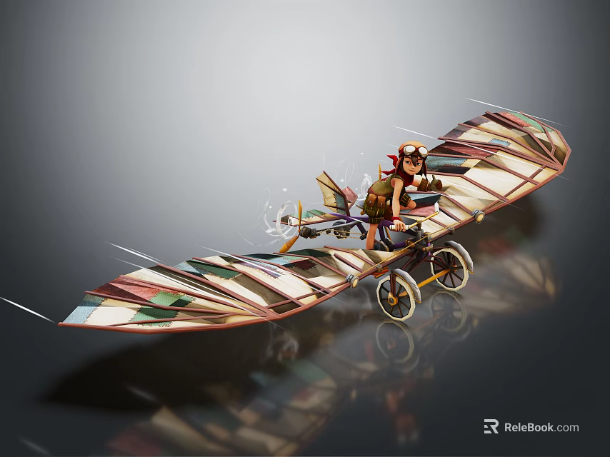 Vintage Ornithopter With Colorful Striped Wings And Person Riding In Flight 3d model 