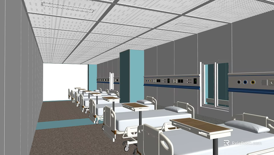 Hospital Ward Interior With Multiple Beds Blue Pillars And Medical Equipment 3d model 