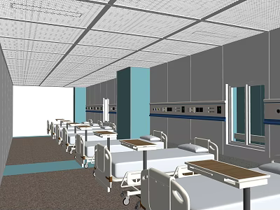 Hospital Ward Interior With Multiple Beds Blue Pillars And Medical Equipment 3d model
