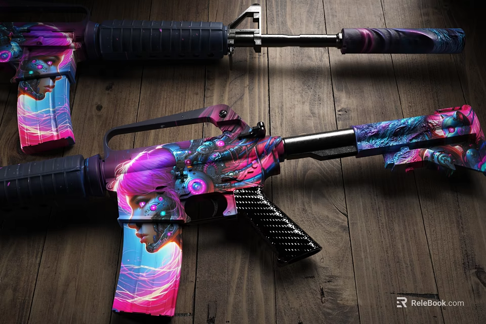 Colorful Cyberpunk Themed Firearms With Female Avatar Design On Wooden Floor 3d model 