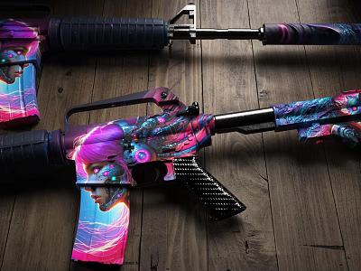 Colorful Cyberpunk Themed Firearms With Female Avatar Design On Wooden Floor 3d model