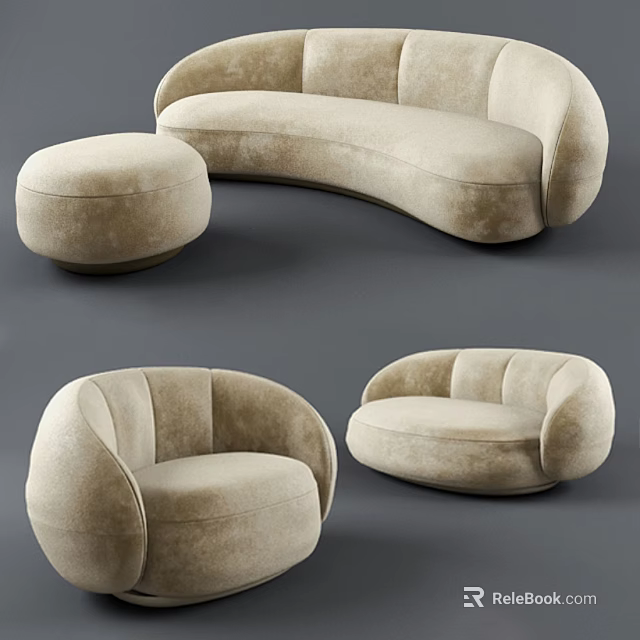 Modern Curved Sofa Set With Round Ottoman And Two Single Seaters In Neutral Beige Fabric 3d model 